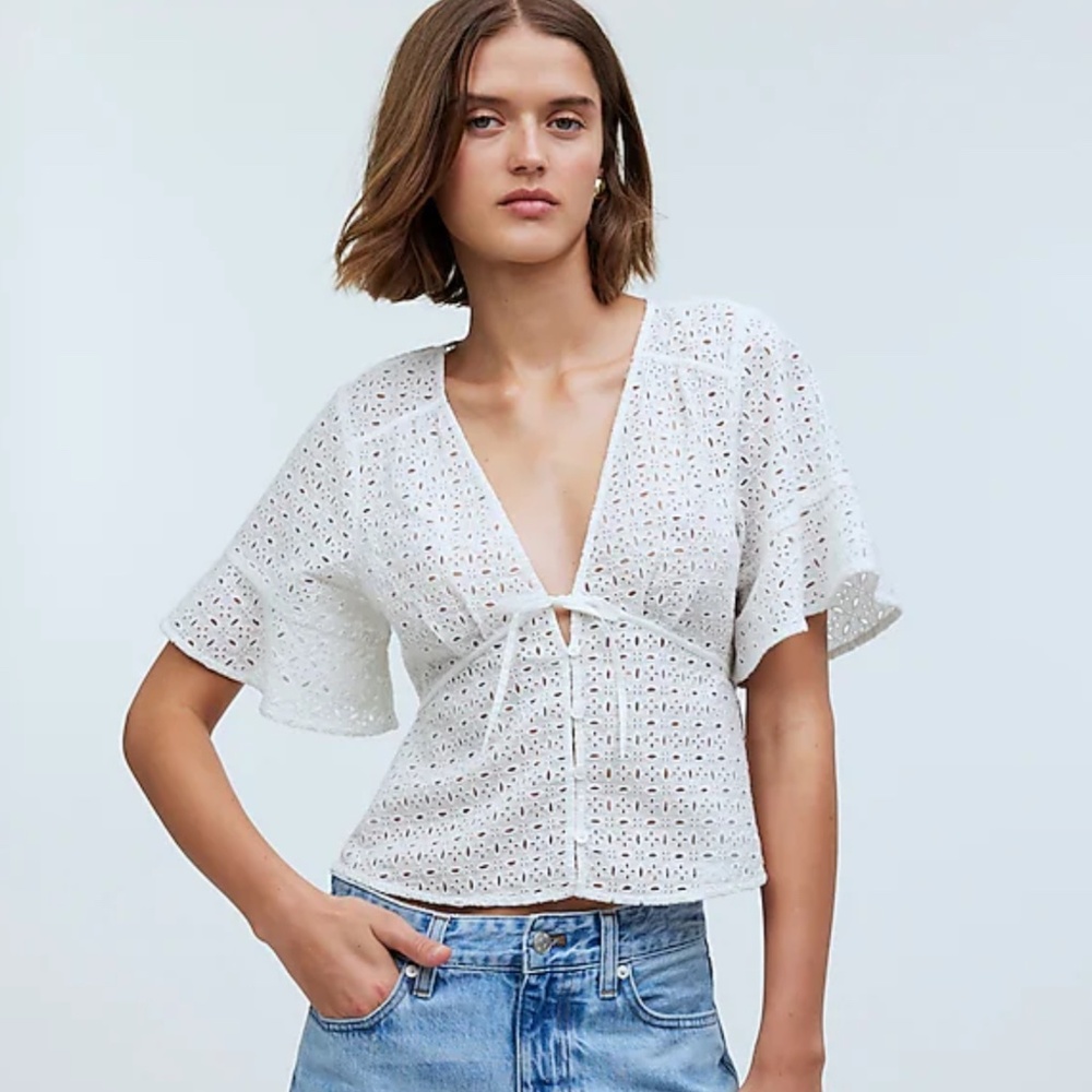 Madewell Tie-Front Top in Eyelet Size XXS White NWT